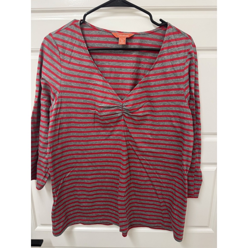 Tommy Bahama Relax Womens XL Pullover Top Red Gray Stripe V-Neck Long Sleeve
